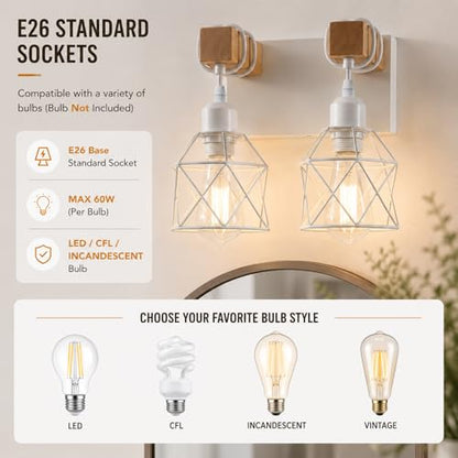 Farmhouse Vanity Light Fixture,2-Light Bathroom Lighting,White Modern Wood Wall Light Over Mirror with Metal Shade - color: White, size: 2-Light-Wide 12"