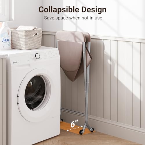 ELYKEN Laundry Basket with Wheels, Collapsible Laundry Hamper, Camel Brown | Removable Liner Bag, Foldable Design, Sturdy Metal Frame, 4 Casters, 32”H Laundry Cart for Bedroom, Bathroom & Laundry Room - color: Camel Brown, size: 23.2"L x 13"W x 32"H