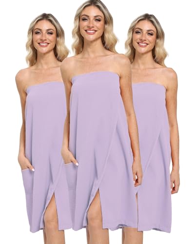 Lightweight Waffle Bath Towel Wraps for Women after Shower | Soft, Knee Length, Adjustable Closure, Thin Robe Body Bathrobes with Pocket for Spa, Gym, Sauna, Beach & Pool - color: 3 Pack After Shower Robe Women Purple