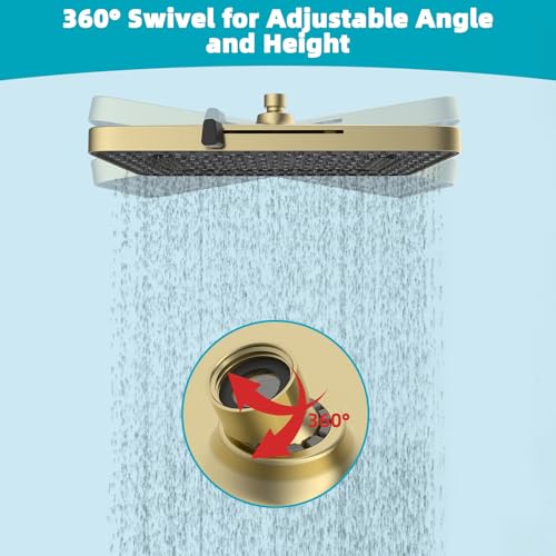 Hibbent 5 Spray Modes Shower Head, 13'' High Pressure Rain Shower Head, Large Rainfall Showerhead for Bathroom, High Flow Waterfall Fixed Showerheads with Adjustable Swivel Ball Joint, Brushed Gold - color: Brushed Gold, style: Square 13''