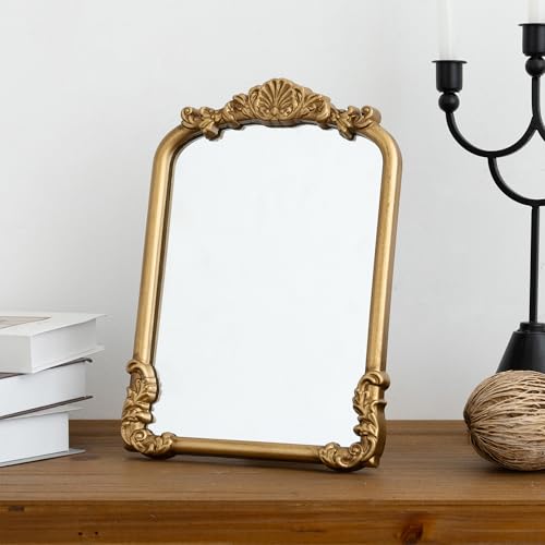 Vintage Small Vanity Gold 8x12 Antique Table Desk Mirror with Stand | Makeup Ornate Arched Decor Mirror, Small Brass Wedding Wood Mirror, For Tabletop Living Room Countertop Bedroom Bathroom - size: 12"L x 8.5"W