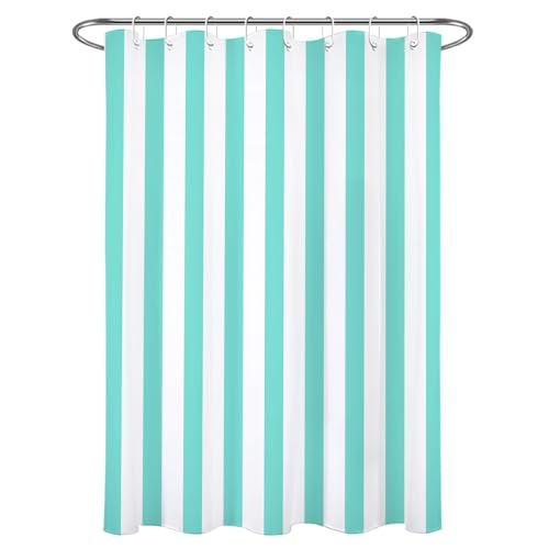 Modern Farmhouse Narrow Shower Curtain Set, 48 x 68 inch, Teal and White Striped Half Size Liner, Fabric Set with Hooks - color: Teal, size: 48"W x 68"L (Pack of 1)