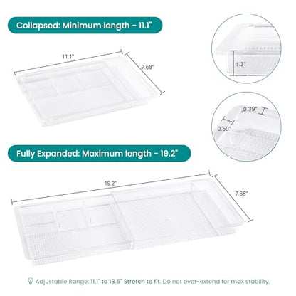 Oubonun Expandable Drawer Organizer 11.1” to 19.2” Width, Shallow Cosmetic Organizer 1.3” Height, 2 Packs, Clear Plastic Storage Trays for Dressing Table,Bathroom - style: Shallow 2 Packs