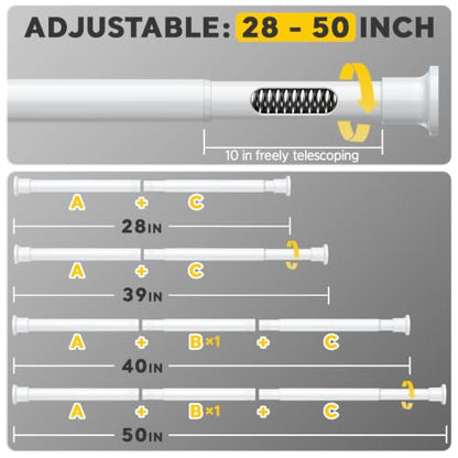 White Tension Rods 28 to 50 Inch,1"Heavy Duty Spring Tension Curtain Rod，No Slip No Drill Adjustable Shower Tension Curtain Rod for Bathroom, Window, Closet & Wardrobe - color: White, size: 28-50 inch