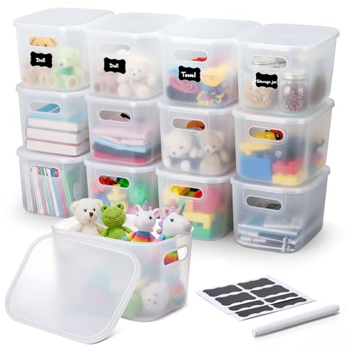 Thyle 12 Pack Translucent Plastic Storage Bins with Lids 7 Quart Toy Storage Box Stackable Nestable Organizer Boxes with Handle and Labels for Classroom Shelf Bedroom Desktop Toys School Supplies - color: Translucent