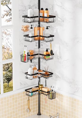 DAOYA Adjustable Tension Pole Shower Caddy, 5-Tier Stainless Steel Shower Shelf Organizer with 2 Movable Toothbrush Holders, 25-115 Inches Extendable Bath Tub Conner Storage Shelf for Family, Black - color: Black-5