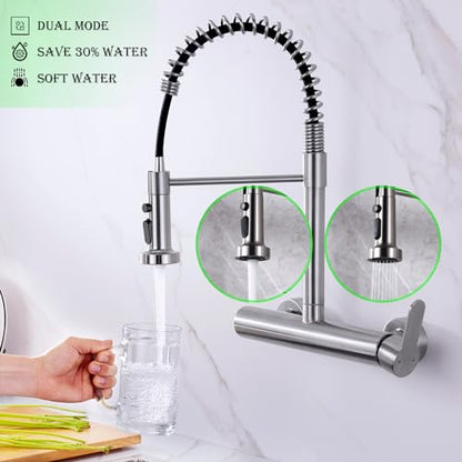 Wall Mount Faucet 8"" Center, High Arc Kitchen Sink Tap, Grifos De Cocina | 304 Stainless Steel Constructed, Pull Down Sprayer, Brushed Nickel, Rotatable, 3-Function Sprayer - color: Style B, Right Handle