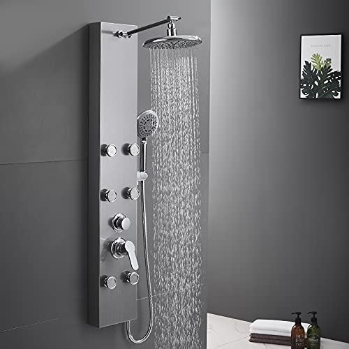 ROVATE Shower Panel Tower System with Adjustable 6 Body Jets, Brushed | Stainless Steel Shower Column with Height Adjustable Shower Arm, Self-Cleaning Rainfall Shower & Handheld, Rough-in Valve - color: Brushed Surface, style: 3-Function