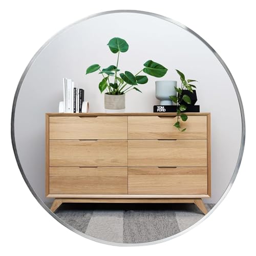 Round Mirror, 20 inch Silver Circle Mirror,Bruhsed Nickel Metal Frame | High Definition,Waterproof,Rust-resistant,Round Mounted Mirrors for Bathroom,Living Room,Bedroom,Hallyway,Vanity,Wall Décor - color: Silver, size: 20"L x 20"W