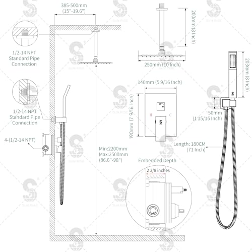 SR SUN RISE SRSH-C1003 Ceiling Mount Bathroom Luxury Rain Mixer Shower Combo Set Rainfall Shower Head System 10 Inch Polished Chrome (Contain Shower Faucet Rough-In Valve Body and Trim） - color: Polished Chrome, style: 10 inch