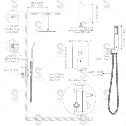 SR SUN RISE SRSH-C1003 Ceiling Mount Bathroom Luxury Rain Mixer Shower Combo Set Rainfall Shower Head System 10 Inch Polished Chrome (Contain Shower Faucet Rough-In Valve Body and Trim） - color: Polished Chrome, style: 10 inch