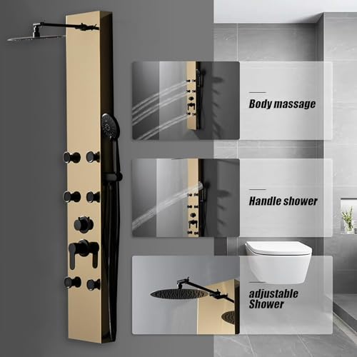 BWE Stainless Steel Modern Shower Panel Tower System | 3-Function Faucet Rainfall Shower Head, Handheld Sprayer, Massage Body Jets, Polished Gold