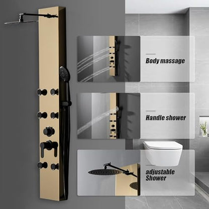 BWE Stainless Steel Modern Shower Panel Tower System | 3-Function Faucet Rainfall Shower Head, Handheld Sprayer, Massage Body Jets, Polished Gold