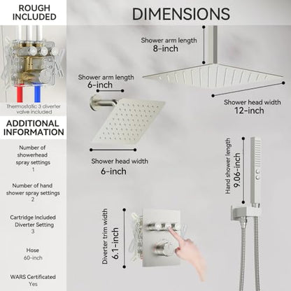 Shower Faucets Sets Brushed Nickel Shower System,12" Ceiling Rainfall Shower and 6" Wall Mount with 2 in 1 Handhled, Can Use All at Once, Thermostatic Shower Set with Valve and Trim Kit - color: Brushed Nickel, size: 6+12 inch-11