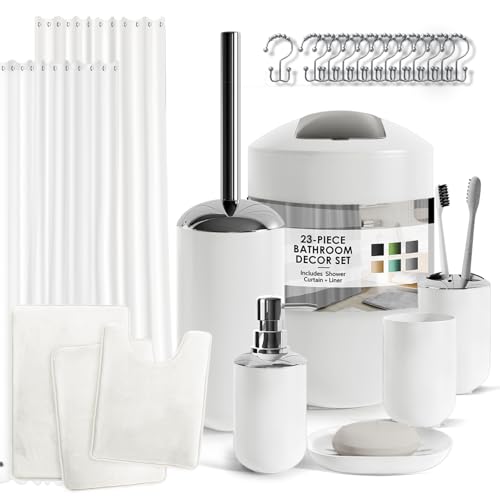 Clara Clark Bathroom Set - White Bathroom Accessories Set, Bathroom Sets with Shower Curtain and Rugs, 23PC Shower Curtain Set with Liner, Soap Dispenser, Soap Dish, Toilet Brush Holder, and Trash Can - color: White, size: Complete Set + Bath Rugs