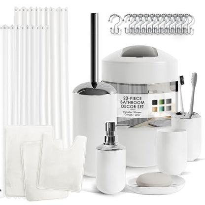 Clara Clark Bathroom Set - White Bathroom Accessories Set, Bathroom Sets with Shower Curtain and Rugs, 23PC Shower Curtain Set with Liner, Soap Dispenser, Soap Dish, Toilet Brush Holder, and Trash Can - color: White, size: Complete Set + Bath Rugs