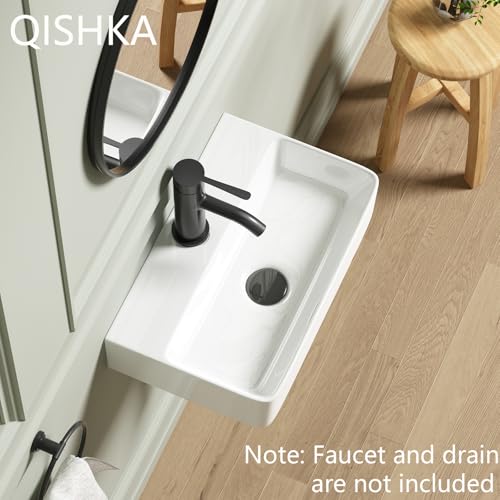 Wall Mounted Bathroom Vessel Sink, QISHKA 18" X 11" Rectangular Floating Ceramic Wash Hand Basin White Wall Hung Vanity Sink for Bathroom and Cloakroom - size: 18" x 11" x 4.3"