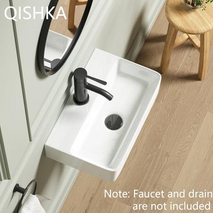 Wall Mounted Bathroom Vessel Sink, QISHKA 18" X 11" Rectangular Floating Ceramic Wash Hand Basin White Wall Hung Vanity Sink for Bathroom and Cloakroom - size: 18" x 11" x 4.3"