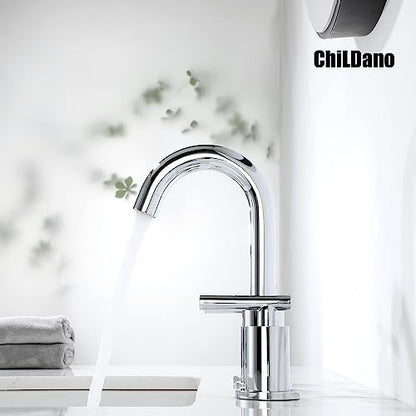 ChiLDano 8 in Widespread 2 Handle Chrome Bathroom Faucet for Sink 3 Hole | Polished Chrome Vanity Faucet for Bathroom Sink 3 Hole with Pop Up Drain and Supply Hose, Wide Spread Sink Faucet - color: Chrome