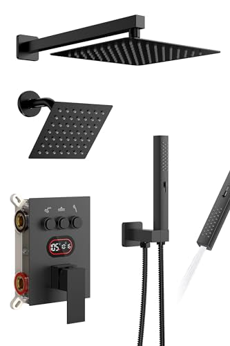 Longriver 3-Push Button Shower Faucet Set Hydro Power Temperature Display | Shower System Wall Mounted 10" & 6" Shower Head with 3-Spary Handheld, Shower Fixtures with Valve and Trim Kit, Matte Black