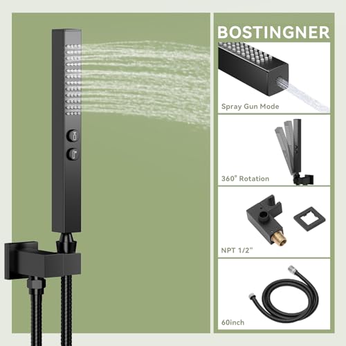 Shower Faucets Sets Shower System with Body Jets, Bostingner 10" Rain Shower Head with 2 In 1 Handheld Spray and 4 Jets, Ceiling Mount All Metal 3 Way Shower Set with Valve and Trim Kit, Matte Black - color: Matte Black, size: 10 Inch