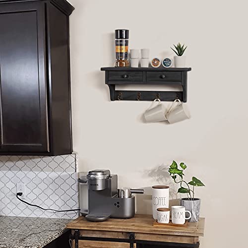 Emfogo Wood Coat Hooks Wall Mounted, Rustic Style with 4 Hooks & Shelf for Entryway, Mudroom, Bedroom, Kitchen, Bathroom (Black) - color: Black