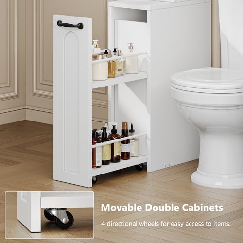 Einhomn Over The Toilet Storage Cabinet with Pulley, Space Saver Bathroom Organizer with Arched Doors & Open Shelves, Toilet Paper Holder Stand Toilet Rack for Bathroom, Restroom, Laundry, White