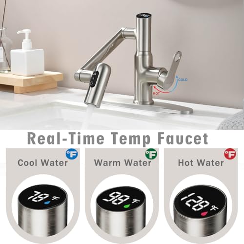 Rotatable Bath Faucet with Temp Display in Fahrenheit, Single Hole Brushed Nickel and 3 Outlet Modes Faucet, Battery-Free - color: Brushed Nickel-F
