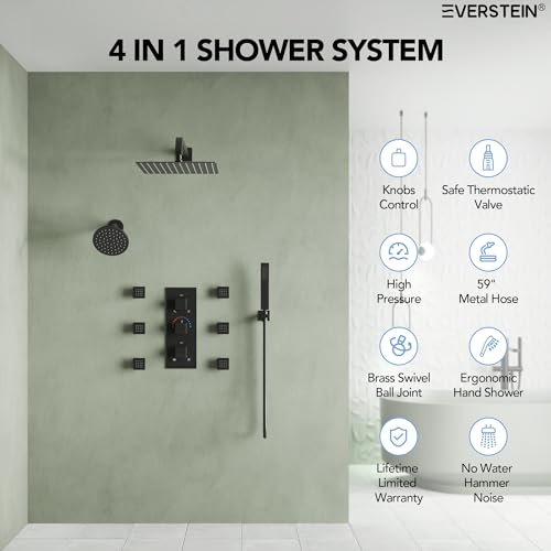 Wall Mount 12" High-Pressure Rainfall Shower Faucet, Dual Rainfall Shower Head System with 6 Body Jets (Matte Black) | Wall Mount, High-Pressure, Dual Rainfall Shower Head System, 6 Body Jets - color: Matte Black