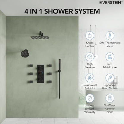 Wall Mount 12" High-Pressure Rainfall Shower Faucet, Dual Rainfall Shower Head System with 6 Body Jets (Matte Black) | Wall Mount, High-Pressure, Dual Rainfall Shower Head System, 6 Body Jets - color: Matte Black