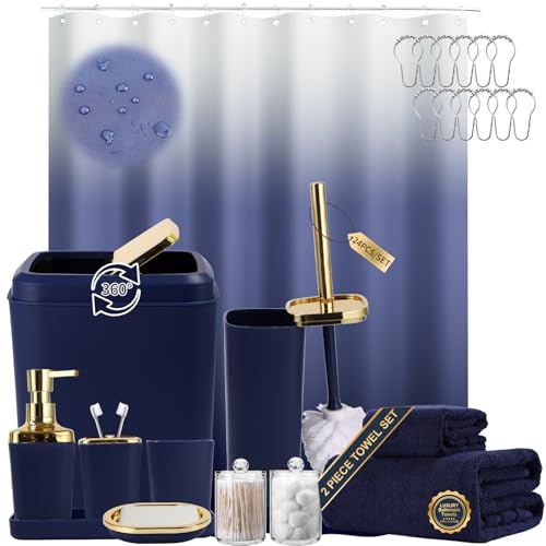 XLHOMO Navy Blue Bathroom Accessories, 24 Pieces Blue and Gold Bathroom Accessories Set with Shower Curtain, Bath Towels, Trash Can, Soap Dispenser and Soap Dish for Bathroom/Housewarming - color: Navy Blue and Gold, size: Bath Set+Shower Curtain+Towels