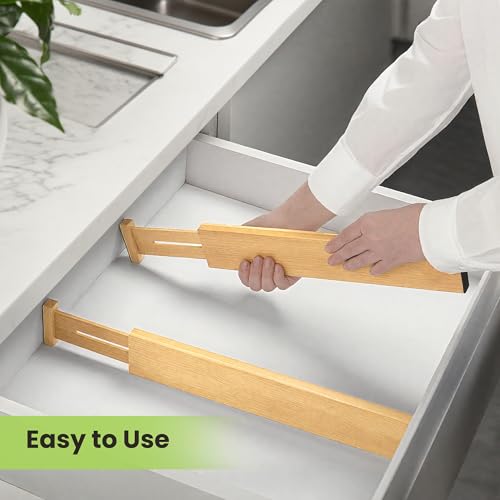 Fyvva Drawer Organizer, Spring-Loaded Expandable Bamboo Dividers 8-Pack | Large Kitchen Drawer Organizer, Adjustable 16.9 to 22.2 in, 2.3in High Non Slip for Kitchen Clothes Bathroom Office Natural - size: 8 Pack Large
