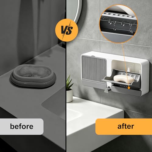 Strong Adhesive Hook Wall-Mounted Soap Dish Holder, 2-Layer Draining Tray with Removable Container, Keeps Soap Dry for Bathroom, Shower, Sink, Kitchen- Space Saver (1-Pack Grey-Dual Compartment) - color: 1-pk Grey-dual Compartment