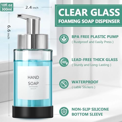 RYTOXILO Glass Soap Dispenser, 10 oz/300ml Foaming Soap Dispenser, 2 Pack Foaming Hand Dispenser with 2 Non-Slip Silicone Bottom Sleeve, Clear Refillable Foam Soap Bottle with Silver Pump - color: Clear Bottle, size: 10 Fl oz with Silver Pump Silicone Boo