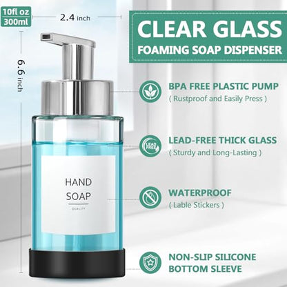 RYTOXILO Glass Soap Dispenser, 10 oz/300ml Foaming Soap Dispenser, 2 Pack Foaming Hand Dispenser with 2 Non-Slip Silicone Bottom Sleeve, Clear Refillable Foam Soap Bottle with Silver Pump - color: Clear Bottle, size: 10 Fl oz with Silver Pump Silicone Boo