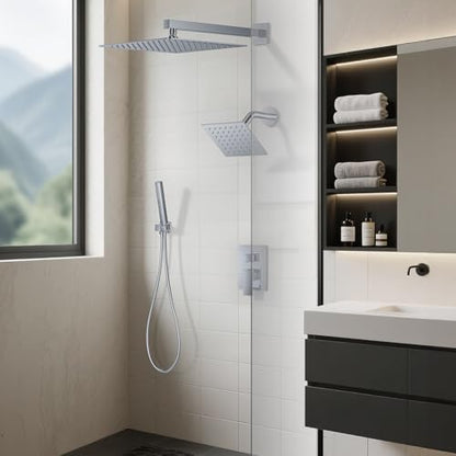 Rain Shower System 12" & 6" Dual Shower Heads, Wall Mount Shower Faucet Set | Ideal for bathroom remodels and upgrades with 12" rain shower, 6" angled shower, handheld spray and complete valve kit. - color: Polished Chrome, size: Wall Mounted - 12"+6" Sho
