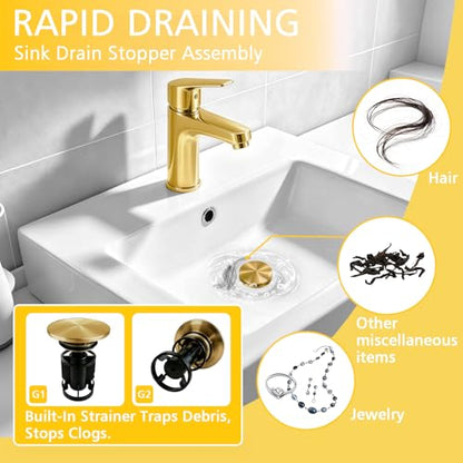 Universal Bathroom Sink Stopper,Brushed Gold Bathroom Sink Drain | for Bathroom Vanity Vessel Sink,with Silicone Hair Catcher Rapid Draining Plastic Pop-up Sink Drain Anti-Clog - color: Bathroom Sink Drain-brushed Gold