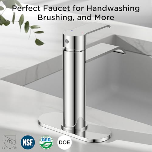 FORIOUS Waterfall Chrome Bathroom Faucet 1 Hole Rv Bathroom Sink Faucet Set | Single Handle Waterfall Bathroom Faucet Single Hole, Polished Chrome Faucet for Bathroom Sink One Hole with Plate and Drain - color: Chrome