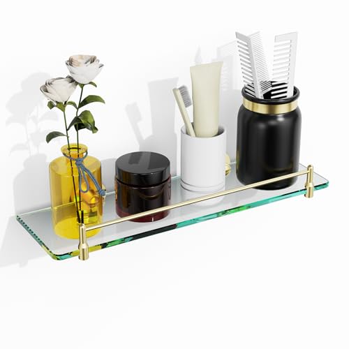 Glass Bathroom Shelves,Brushed Gold Floating Shelves for Wall Rectangular Modern Stainless Steel Glass Shelf for Bathroom Shelves wall Mounted 16 Inch - color: Brushed Gold, size: 16"with railing
