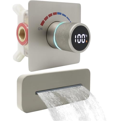 Temperature Display Shower Valve with Wall Mounted Waterfall Tub Faucet Kit Waterfall Tub Spout One Way Shower Deliver Valve - color: Brushed Nickel, style: Adjustable bathtub faucet