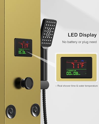 Homevacious Polished Gold 5 In 1 Shower Panel Tower System Stainless Steel | LED Rain Waterfall Shower Head and Adjustable Massage Body Jets 3 Settings Handheld Head and Tub Spout Bathroom Panel - color: Polished Gold