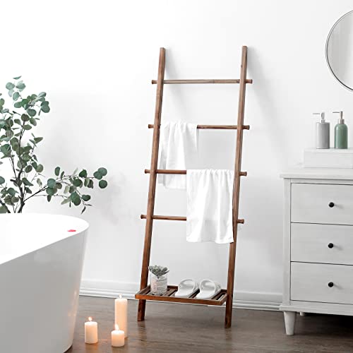 Blanket Ladder, 57in Wood Rustic Decotative Ladder with Bottom Shelf | bottom shelf, towel quilt display holder, organize blanket, leaning wall, living room and bathroom use