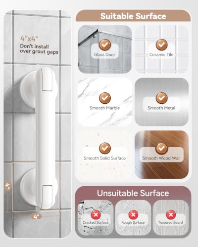 JOTPE 2026 Upgraded Suction Grab Bar for Shower,11-Inch No-Drill,White | Waterproof, removable shower grab bar mounts on smooth, non-porous surfaces without drilling for convenient balance support