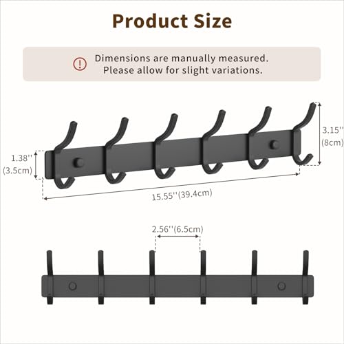 GWAAZXGZ Black Coat Rack Wall Mount - 15 Inch Metal 6-Hook Rack(1 Pack) | for Hanging Coats, Bags, and Towels in Entryway, Livingroom, Bedroom, Bathroom, and Kitchen - color: Black, size: 1 Pack