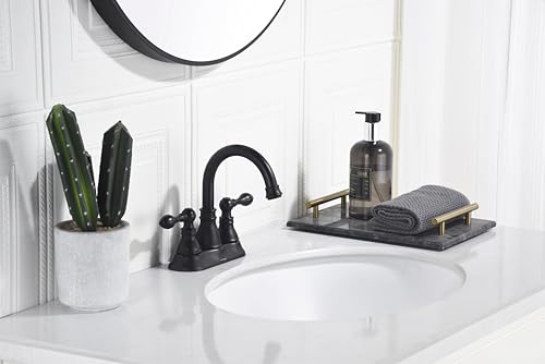 Matte Black 4 Inch Centerset Bathroom Sink Faucet 3 Hole with Pop up Drain | Derengge High Arc Classic 2-Handle Bathroom Faucet, Vanity Lavatory Faucet with 360° Swivel Spout，F-4501-MT - color: Matte Black