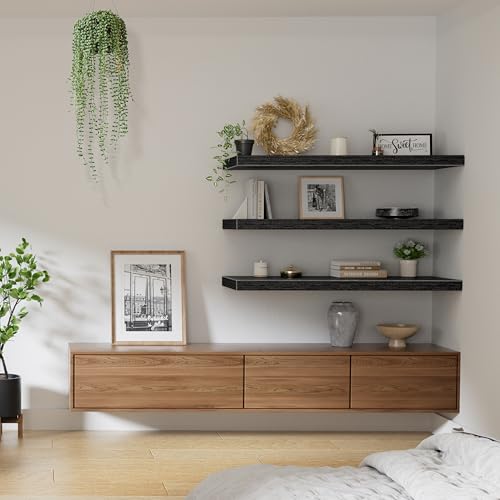 QEEIG 12" Deep Floating Shelves for Wall - 12 x 36 inch Book Shelf Bathroom Bedroom Kitchen Living Room Hanging Bookshelf Farmhouse Set of 3, Black (026-90B3) - color: B. Black, size: 35.4" x 12"