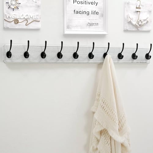 Wall Mounted Coat Rack: 38-1/4" Long, Patented, Heavy-Duty, 10-Double-Hooks Wooden Hanger Rail for Winter Coats, Hat, Jacket, Clothing - White & Black, Pack of 2 - color: White & Black, size: L=38.3"(2pcs)
