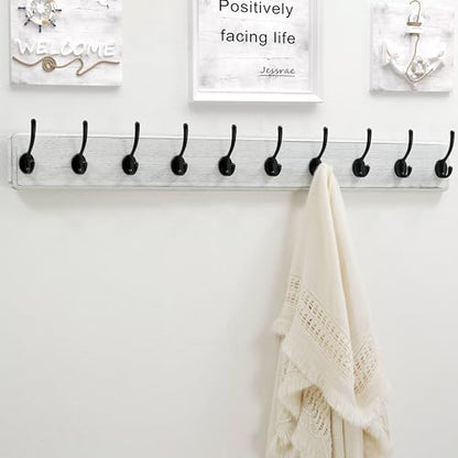 Wall Mounted Coat Rack: 38-1/4" Long, Patented, Heavy-Duty, 10-Double-Hooks Wooden Hanger Rail for Winter Coats, Hat, Jacket, Clothing - White & Black, Pack of 2 - color: White & Black, size: L=38.3"(2pcs)