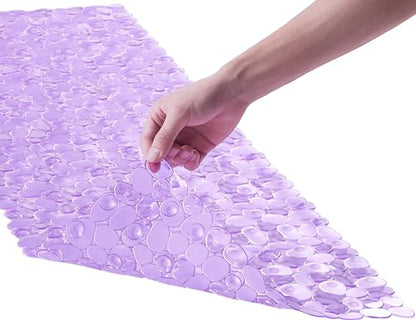 Webos Bath Shower Mat Non Slip: Extra Large Pebble Bathtub mat for Families, Anti Slip Shower Matt with Drain Holes Suction Cups Tub Mat - 16 X 40 Inch Clear Purple - color: Pebble Clear Purple