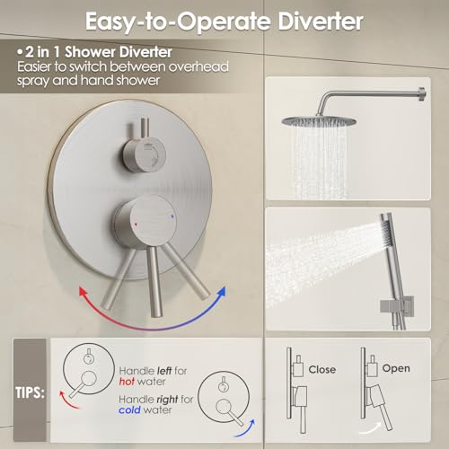 Gabrylly Shower System, 10" Wall Mounted Shower Faucet Set, Brushed Nickel | Rain Shower Head with Handheld Spray Combo, All Metal Rainfall Shower Head Complete Set Shower Mixer Valve for Bathroom - color: Nickel